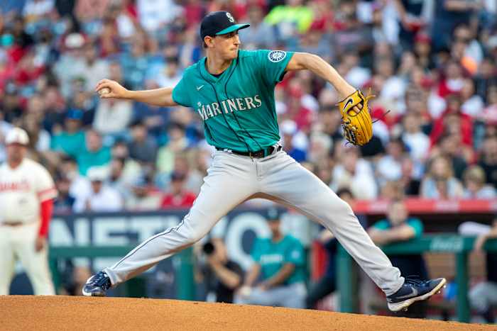 Seattle Mariners starting pitcher George Kirby throws to a Los Angeles Angels batter during the first inning of a baseball game in Anaheim, Calif., Saturday, Sept. 17, 2022.